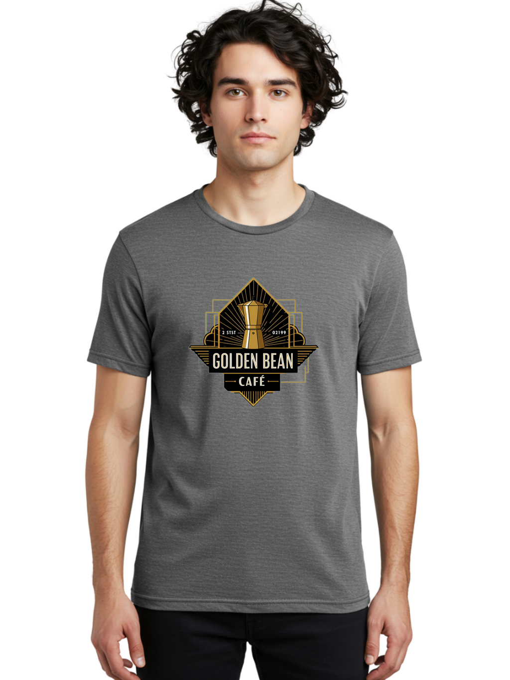 Golden-Bean-Cafe Men'S Graphic Tee, 100% Cotton, Comfortable Casual Summer Wear, Machine Washable, Coffee Shop Logo, Coffee Bean, Cafe Branding, Gold Accents, Art Deco Style, Vintage Flair, Coffee Culture, Cafe Experience, Specialty Coffee Baa767