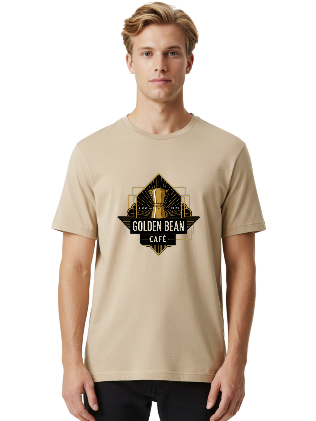 Golden-Bean-Cafe Men'S Graphic Tee, 100% Cotton, Comfortable Casual Summer Wear, Machine Washable, Coffee Shop Logo, Coffee Bean, Cafe Branding, Gold Accents, Art Deco Style, Vintage Flair, Coffee Culture, Cafe Experience, Specialty Coffee Baa767