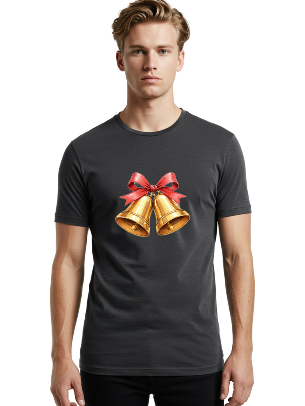 Golden-Bells-4 Men'S Graphic Tee, 100% Cotton, Comfortable Casual Summer Wear, Machine Washable, Golden Bells, Red Ribbon, Festive Decoration, Christmas Bells, Holiday Decor, Shiny Bells Baa771