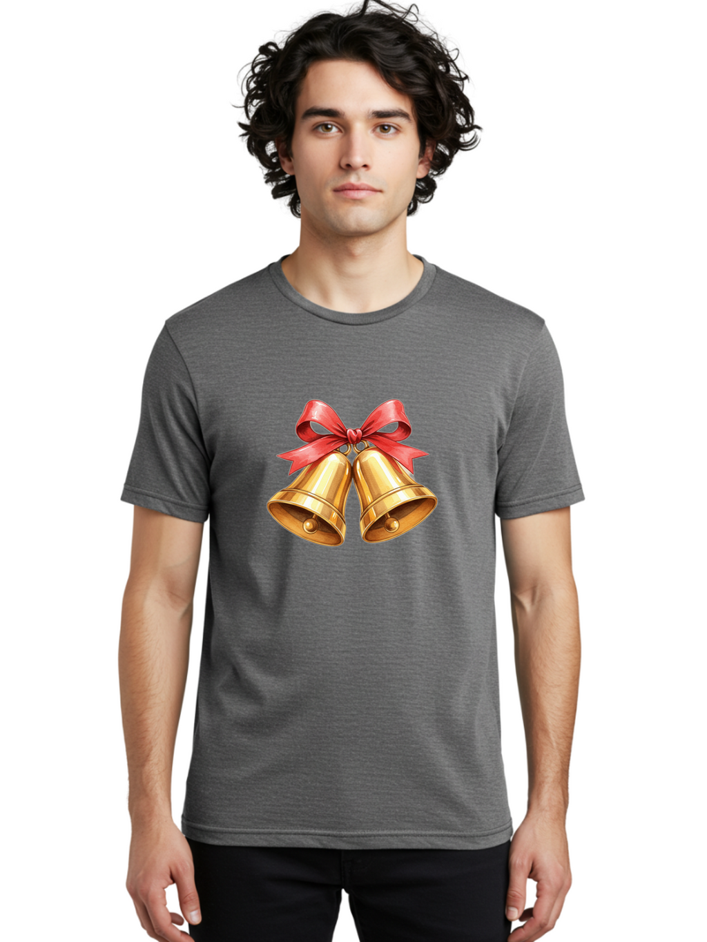 Golden-Bells-4 Men'S Graphic Tee, 100% Cotton, Comfortable Casual Summer Wear, Machine Washable, Golden Bells, Red Ribbon, Festive Decoration, Christmas Bells, Holiday Decor, Shiny Bells Baa771