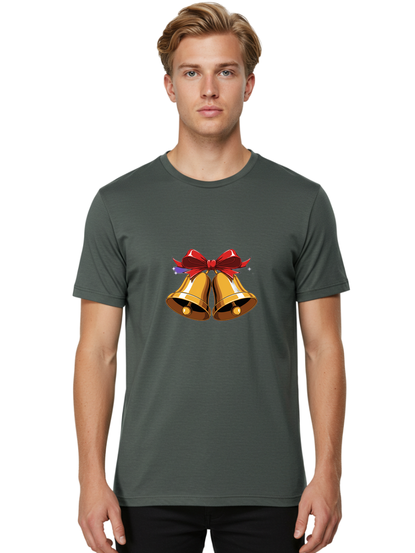 Golden-Bells-With-Red-Bow Men'S Graphic Tee, 100% Cotton, Comfortable Casual Summer Wear, Machine Washable, Golden Bells, Red Bow, Festive Decorations, Holiday Cheer, Jingling Sound, Christmas Theme, Shiny Bells, Celebratory Atmosphere, Baa772