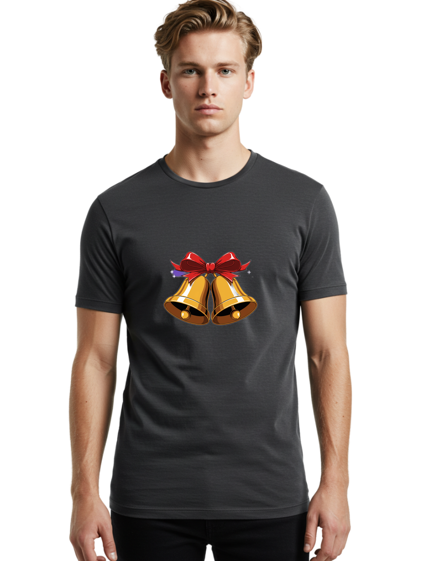 Golden-Bells-With-Red-Bow Men'S Graphic Tee, 100% Cotton, Comfortable Casual Summer Wear, Machine Washable, Golden Bells, Red Bow, Festive Decorations, Holiday Cheer, Jingling Sound, Christmas Theme, Shiny Bells, Celebratory Atmosphere, Baa772