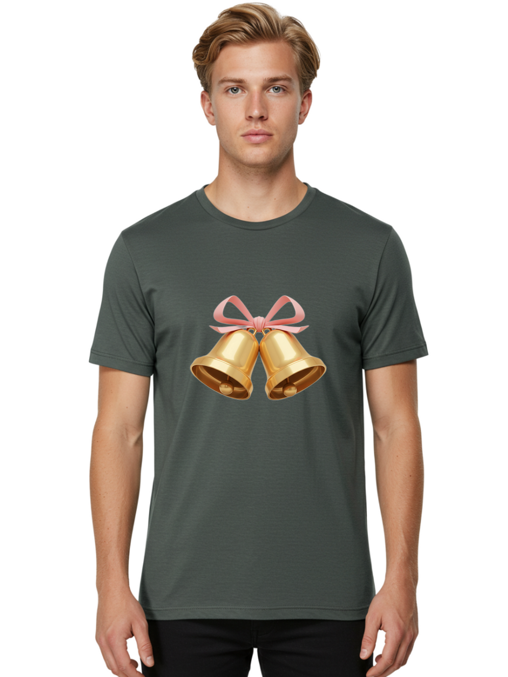 Golden-Bells Men'S Graphic Tee, 100% Cotton, Comfortable Casual Summer Wear, Machine Washable, Golden Bells, Pink Ribbon, Festive Decor, Holiday Decorations, Christmas Ornaments, Shiny Bells, Celebratory Symbols, Elegant Gift Wrapping Baa773
