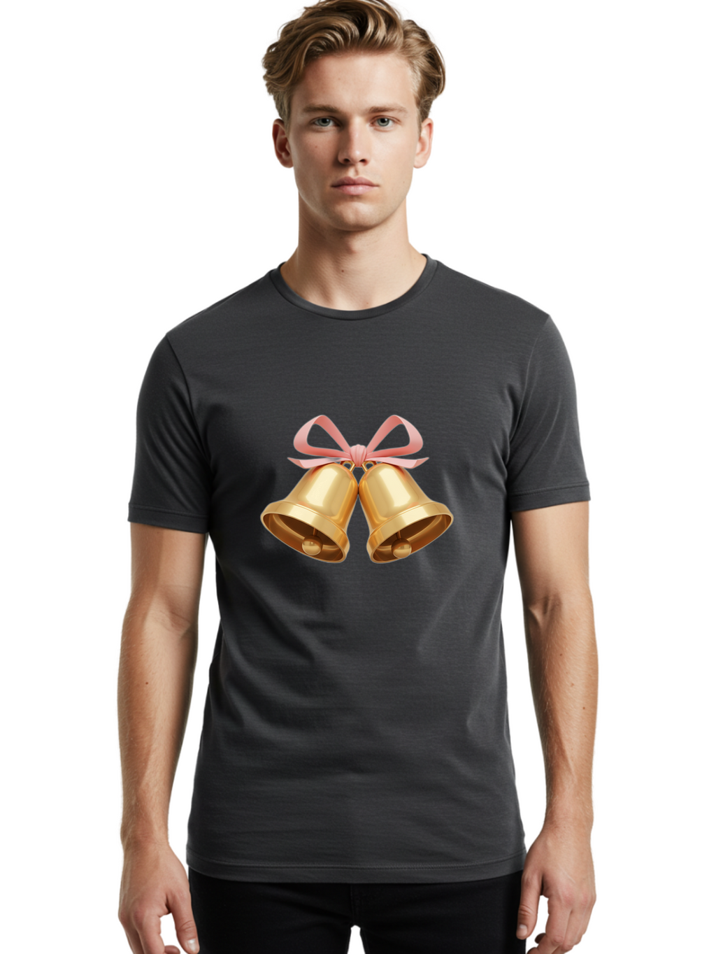 Golden-Bells Men'S Graphic Tee, 100% Cotton, Comfortable Casual Summer Wear, Machine Washable, Golden Bells, Pink Ribbon, Festive Decor, Holiday Decorations, Christmas Ornaments, Shiny Bells, Celebratory Symbols, Elegant Gift Wrapping Baa773
