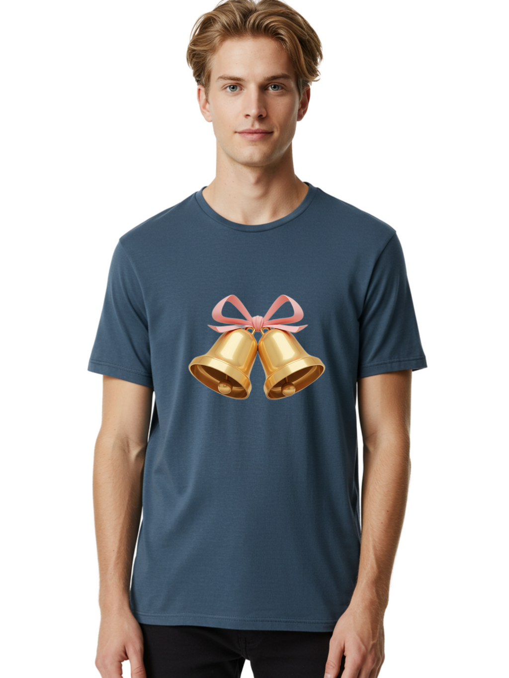 Golden-Bells Men'S Graphic Tee, 100% Cotton, Comfortable Casual Summer Wear, Machine Washable, Golden Bells, Pink Ribbon, Festive Decor, Holiday Decorations, Christmas Ornaments, Shiny Bells, Celebratory Symbols, Elegant Gift Wrapping Baa773