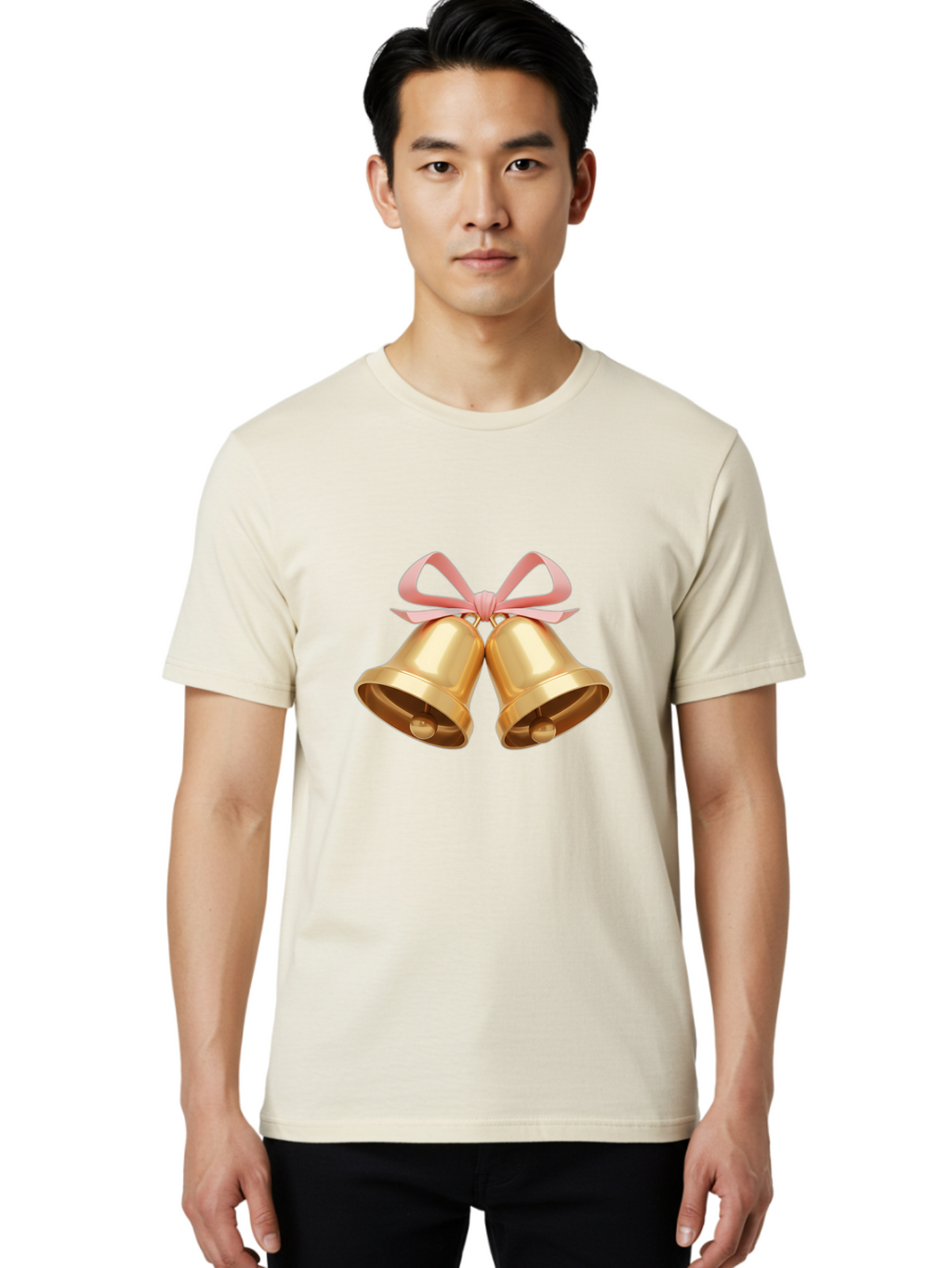 Golden-Bells Men'S Graphic Tee, 100% Cotton, Comfortable Casual Summer Wear, Machine Washable, Golden Bells, Pink Ribbon, Festive Decor, Holiday Decorations, Christmas Ornaments, Shiny Bells, Celebratory Symbols, Elegant Gift Wrapping Baa773