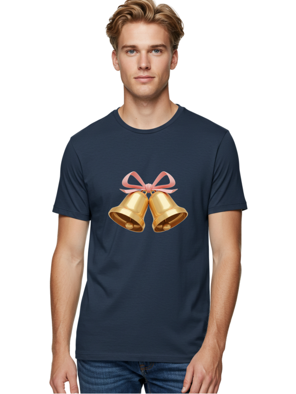 Golden-Bells Men'S Graphic Tee, 100% Cotton, Comfortable Casual Summer Wear, Machine Washable, Golden Bells, Pink Ribbon, Festive Decor, Holiday Decorations, Christmas Ornaments, Shiny Bells, Celebratory Symbols, Elegant Gift Wrapping Baa773