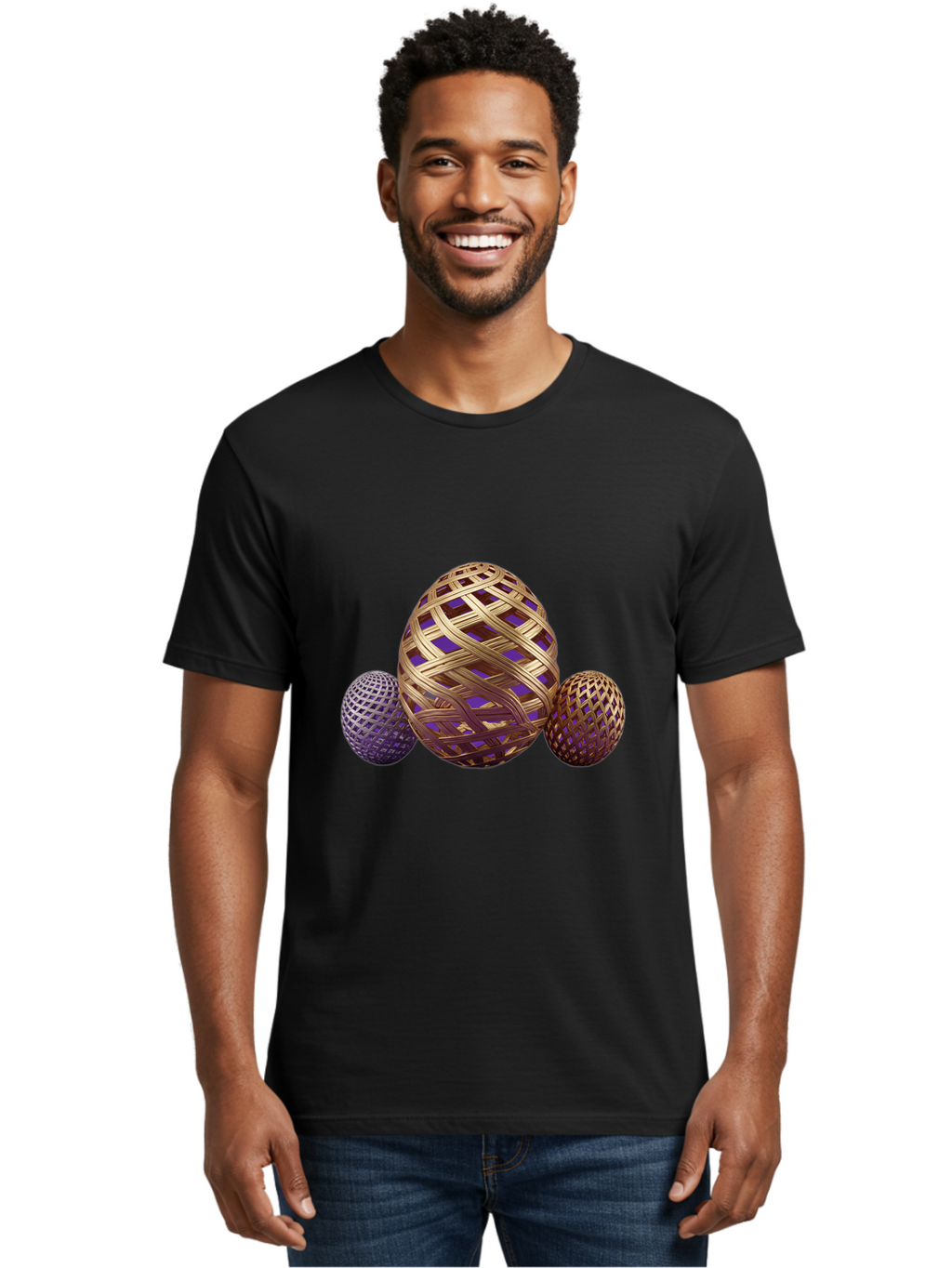 Golden-Eggs Men'S Graphic Tee, 100% Cotton, Comfortable Casual Summer Wear, Machine Washable, Lattice Eggs, Woven Eggs, Easter Eggs, Decorative Eggs, 3D Eggs, Purple And Gold, Festive Decor, Holiday Decorations, Egg Designs, Intricate Patterns Baa774