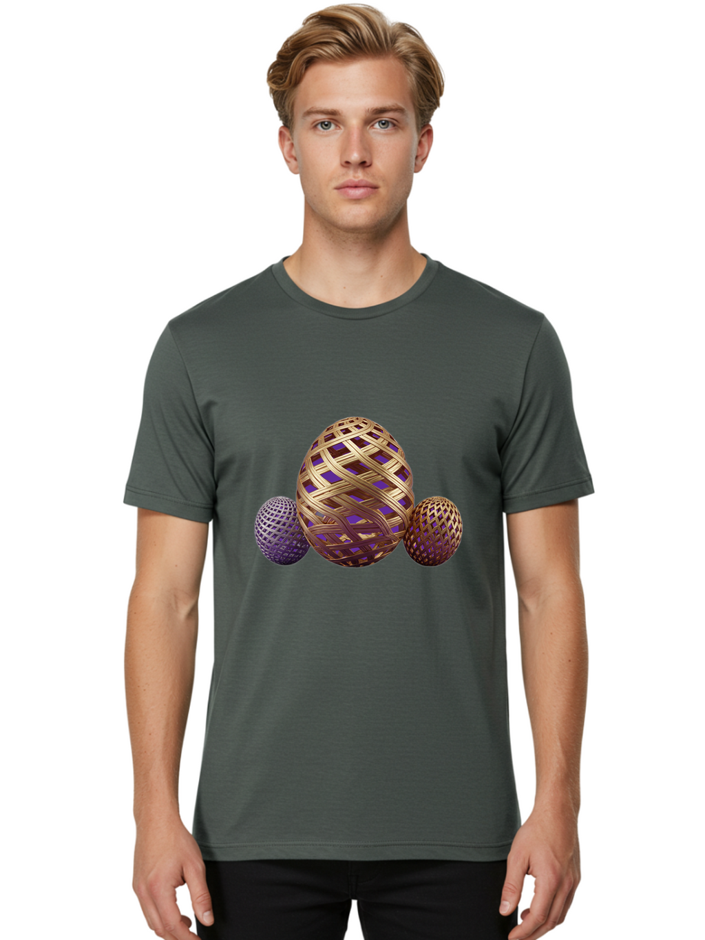 Golden-Eggs Men'S Graphic Tee, 100% Cotton, Comfortable Casual Summer Wear, Machine Washable, Lattice Eggs, Woven Eggs, Easter Eggs, Decorative Eggs, 3D Eggs, Purple And Gold, Festive Decor, Holiday Decorations, Egg Designs, Intricate Patterns Baa774