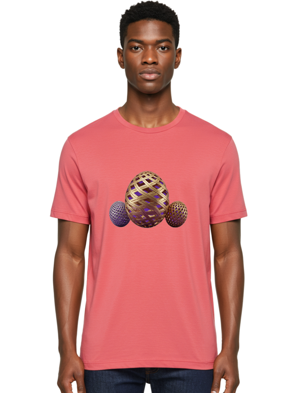 Golden-Eggs Men'S Graphic Tee, 100% Cotton, Comfortable Casual Summer Wear, Machine Washable, Lattice Eggs, Woven Eggs, Easter Eggs, Decorative Eggs, 3D Eggs, Purple And Gold, Festive Decor, Holiday Decorations, Egg Designs, Intricate Patterns Baa774