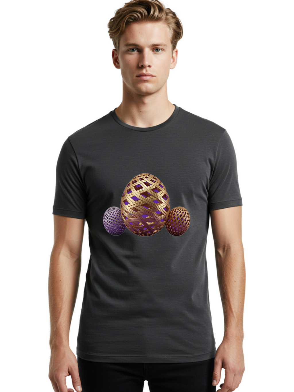 Golden-Eggs Men'S Graphic Tee, 100% Cotton, Comfortable Casual Summer Wear, Machine Washable, Lattice Eggs, Woven Eggs, Easter Eggs, Decorative Eggs, 3D Eggs, Purple And Gold, Festive Decor, Holiday Decorations, Egg Designs, Intricate Patterns Baa774