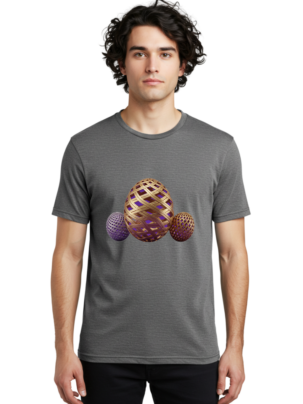 Golden-Eggs Men'S Graphic Tee, 100% Cotton, Comfortable Casual Summer Wear, Machine Washable, Lattice Eggs, Woven Eggs, Easter Eggs, Decorative Eggs, 3D Eggs, Purple And Gold, Festive Decor, Holiday Decorations, Egg Designs, Intricate Patterns Baa774