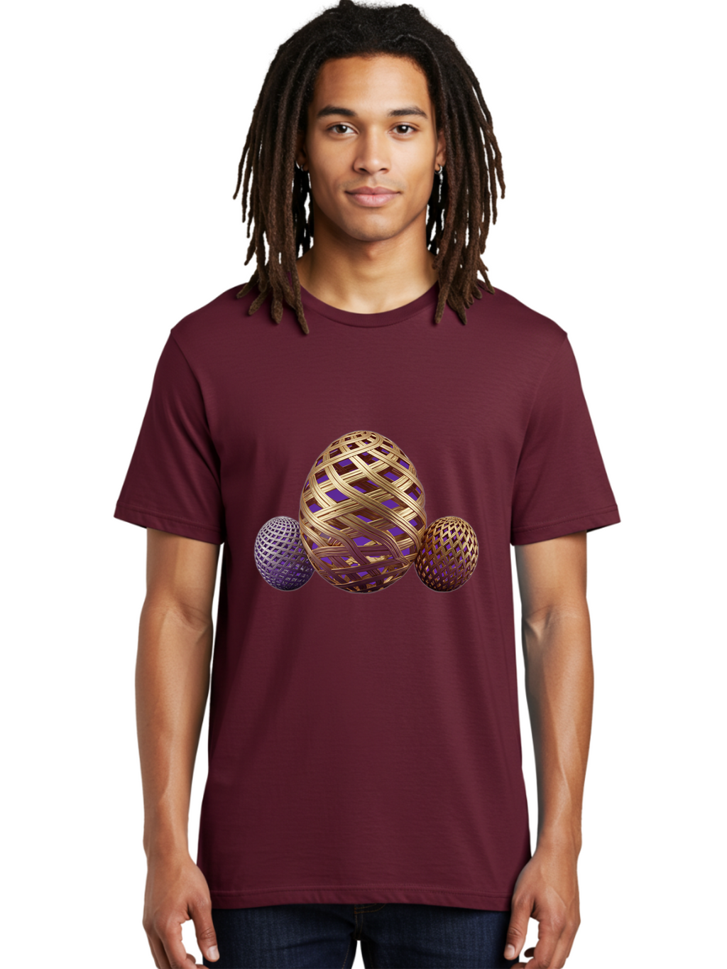 Golden-Eggs Men'S Graphic Tee, 100% Cotton, Comfortable Casual Summer Wear, Machine Washable, Lattice Eggs, Woven Eggs, Easter Eggs, Decorative Eggs, 3D Eggs, Purple And Gold, Festive Decor, Holiday Decorations, Egg Designs, Intricate Patterns Baa774