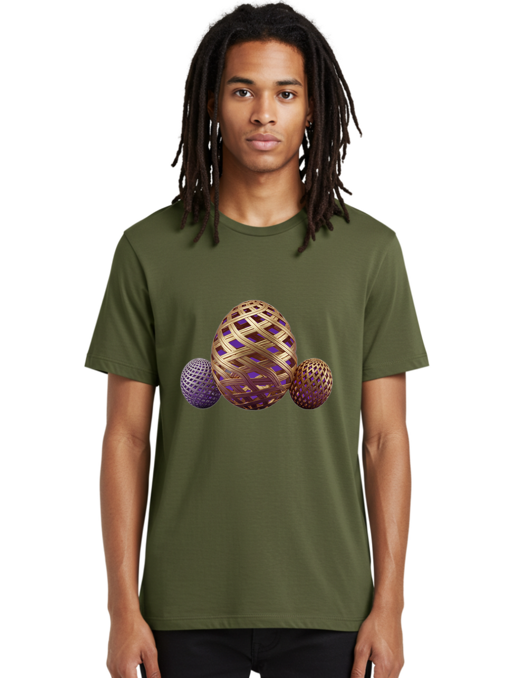 Golden-Eggs Men'S Graphic Tee, 100% Cotton, Comfortable Casual Summer Wear, Machine Washable, Lattice Eggs, Woven Eggs, Easter Eggs, Decorative Eggs, 3D Eggs, Purple And Gold, Festive Decor, Holiday Decorations, Egg Designs, Intricate Patterns Baa774