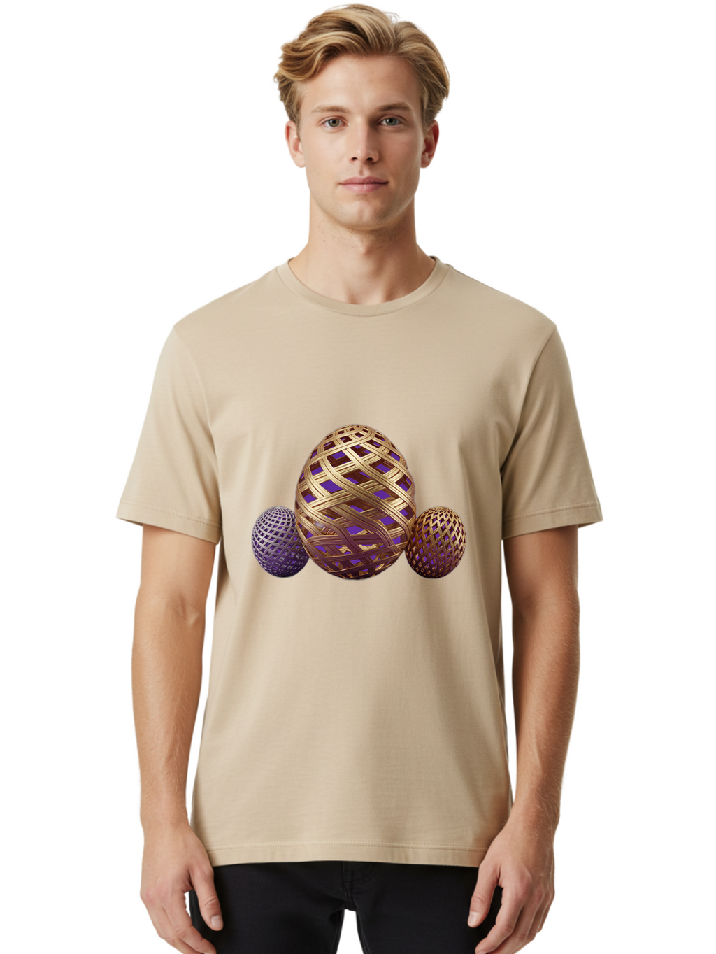 Golden-Eggs Men'S Graphic Tee, 100% Cotton, Comfortable Casual Summer Wear, Machine Washable, Lattice Eggs, Woven Eggs, Easter Eggs, Decorative Eggs, 3D Eggs, Purple And Gold, Festive Decor, Holiday Decorations, Egg Designs, Intricate Patterns Baa774