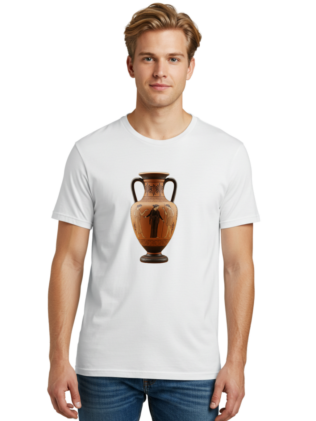 Greek-Vase Men'S Graphic Tee, 100% Cotton, Comfortable Casual Summer Wear, Machine Washable, Ancient Greek Pottery, Red Figure Technique, Classical Art, Mythological Scene, Women In Togas, Elegant Design, Ornate Patterns, Historical Artifact, Baa775
