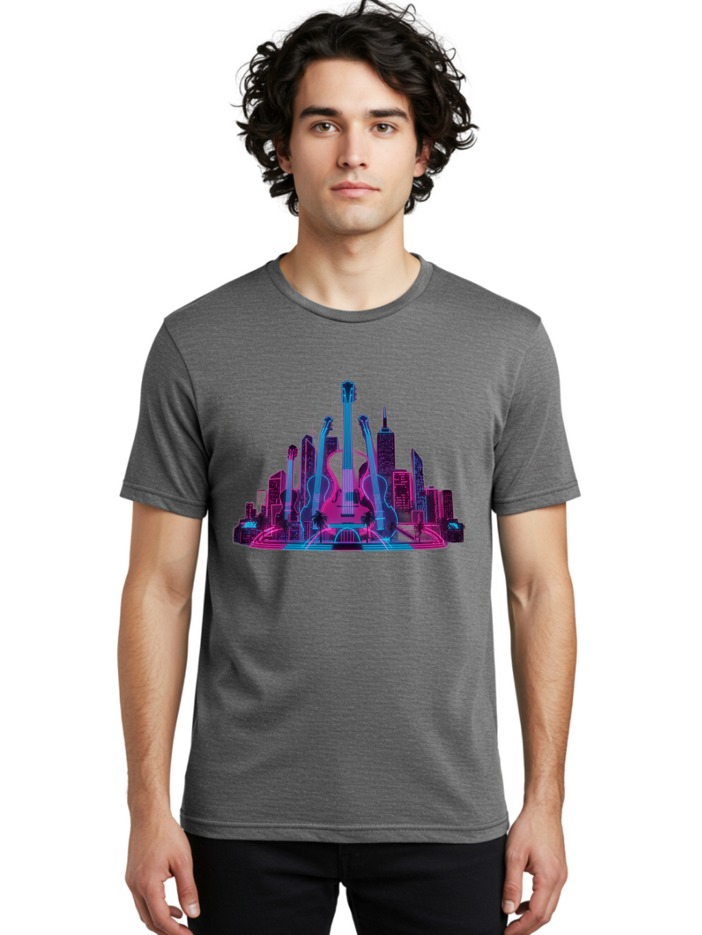 Guitars-Cityscape Men'S Graphic Tee, 100% Cotton, Comfortable Casual Summer Wear, Machine Washable, Guitars, City Skyline, Neon Lights, Futuristic Cityscape, Urban Landscape, Music Scene, Vibrant Colors, Electric Guitars Baa776