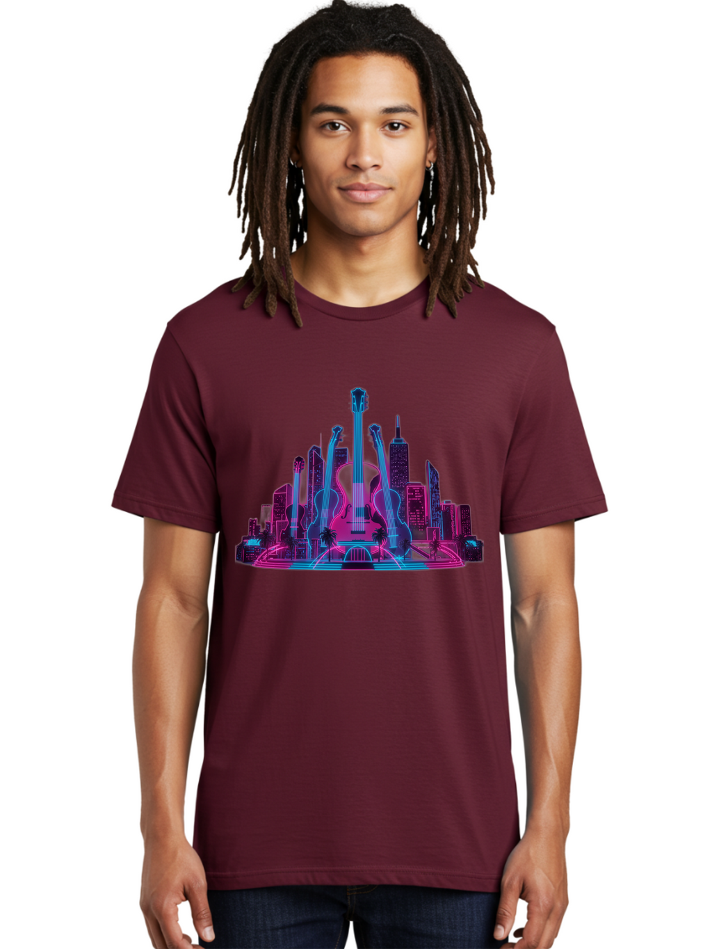 Guitars-Cityscape Men'S Graphic Tee, 100% Cotton, Comfortable Casual Summer Wear, Machine Washable, Guitars, City Skyline, Neon Lights, Futuristic Cityscape, Urban Landscape, Music Scene, Vibrant Colors, Electric Guitars Baa776