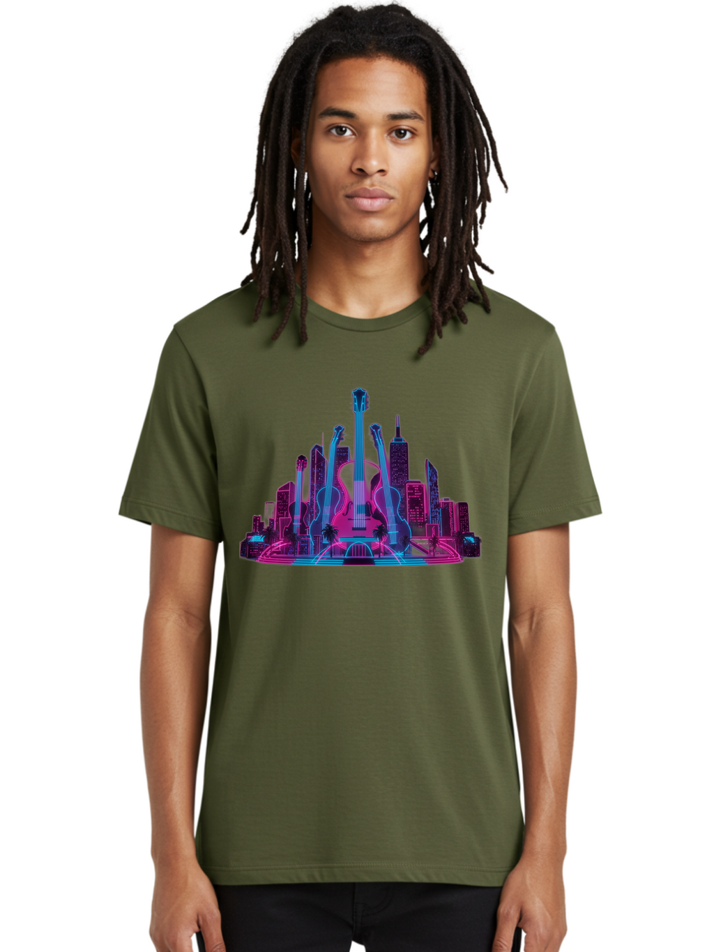 Guitars-Cityscape Men'S Graphic Tee, 100% Cotton, Comfortable Casual Summer Wear, Machine Washable, Guitars, City Skyline, Neon Lights, Futuristic Cityscape, Urban Landscape, Music Scene, Vibrant Colors, Electric Guitars Baa776