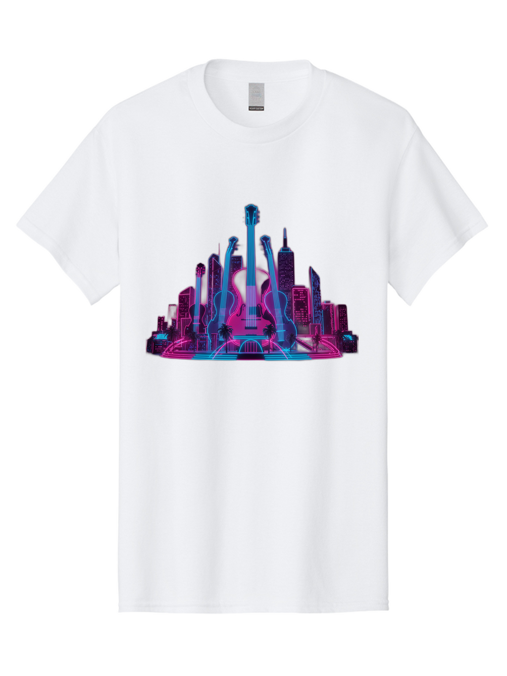Guitars-Cityscape Men'S Graphic Tee, 100% Cotton, Comfortable Casual Summer Wear, Machine Washable, Guitars, City Skyline, Neon Lights, Futuristic Cityscape, Urban Landscape, Music Scene, Vibrant Colors, Electric Guitars Baa776