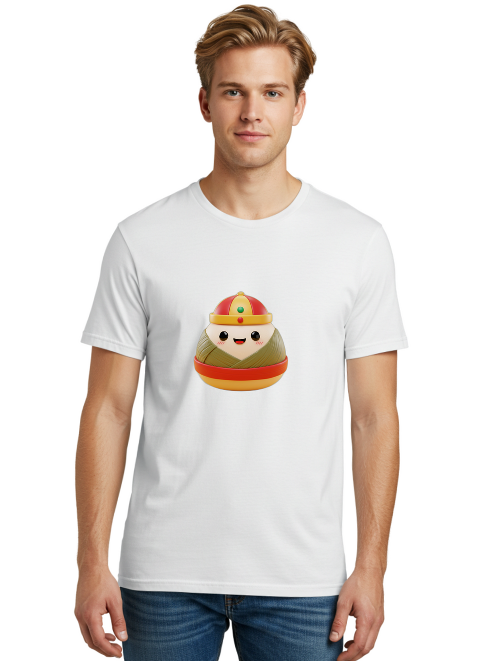 Gyoza-Prince Men'S Graphic Tee, 100% Cotton, Comfortable Casual Summer Wear, Machine Washable, Gyoza, Cartoon Character, Red And Gold Crown, Kawaii Face, Dumpling, Japanese Food, Fun Design, Cute, Cartoon Style, Playful, Foodie Art, Baa777