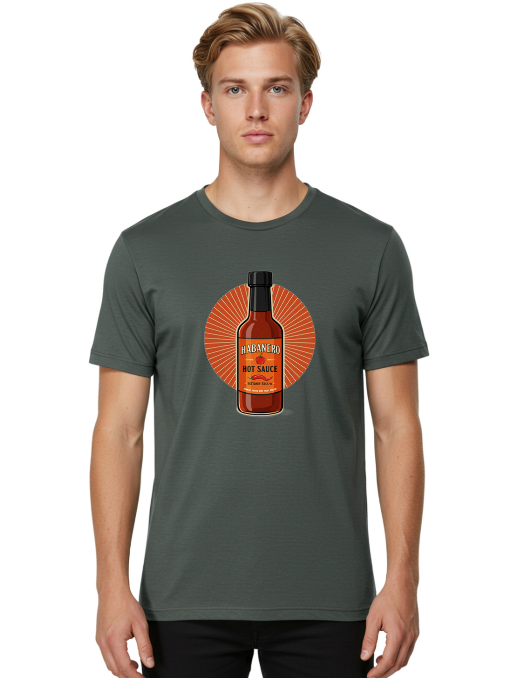 Habanero-Hot-Sauce Men'S Graphic Tee, 100% Cotton, Comfortable Casual Summer Wear, Machine Washable, Habanero Peppers, Hot Sauce Bottle, Spicy Condiment, Fiery Flavor, Condiment Packaging, Habanero Sauce, Hot Sauce Label, Chili Pepper, Baa778