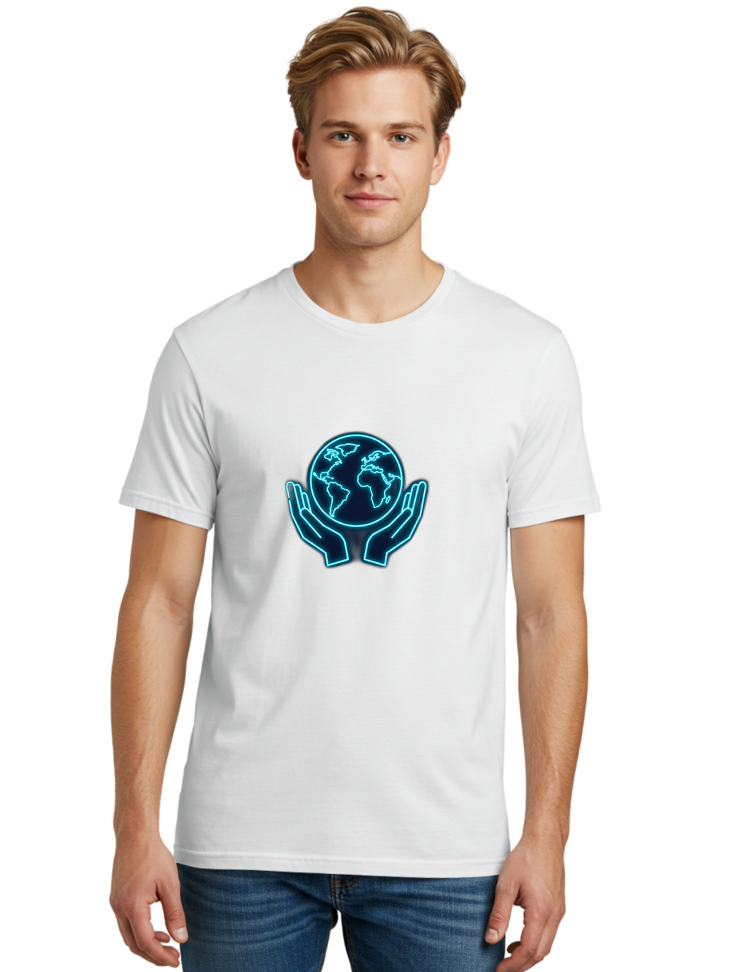 Hands-Holding-Earth Men'S Graphic Tee, 100% Cotton, Comfortable Casual Summer Wear, Machine Washable, Globe Held By Hands, Earth Conservation, Protection, Care For The Planet, Sustainability, Eco-Friendly, Environmental Protection, Baa779