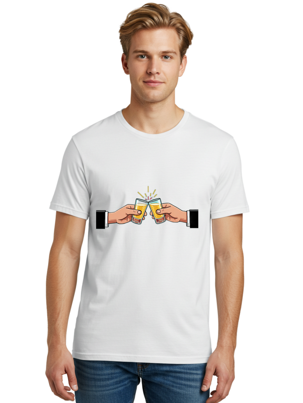 Hands-Toasting Men'S Graphic Tee, 100% Cotton, Comfortable Casual Summer Wear, Machine Washable, Clinking Glasses, Beer Toast, Celebratory Drinks, Social Gathering, Friendship Bonding, Festive Atmosphere Baa780