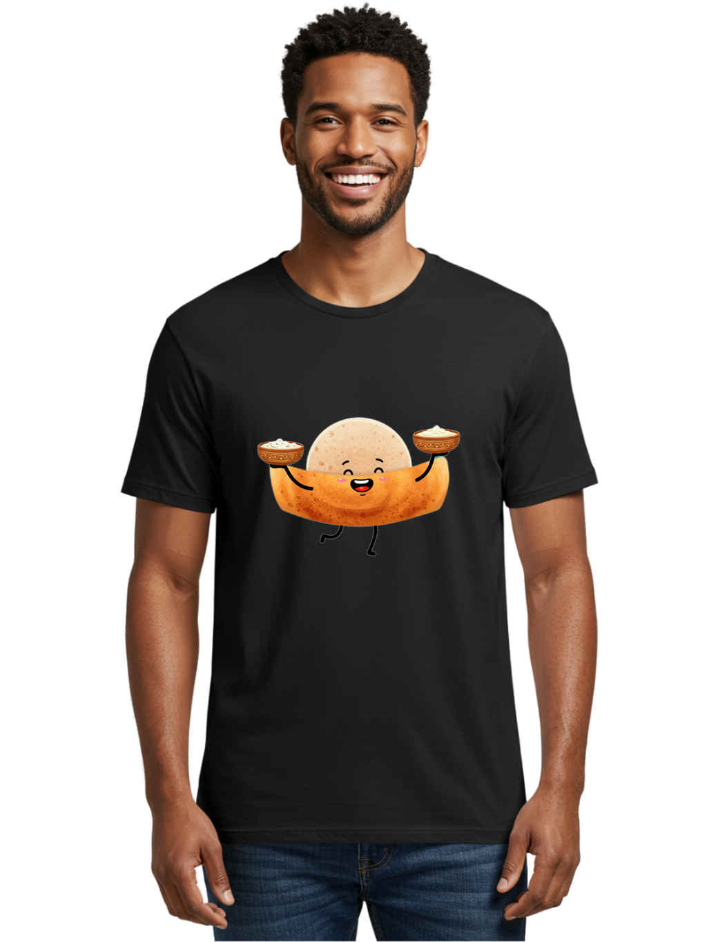 Happy-Dosa-Character Men'S Graphic Tee, 100% Cotton, Comfortable Casual Summer Wear, Machine Washable, Cartoon Taco Character, Mexican Food, Traditional Dishes, Salsa And Dips, Happy Face, Playful, Fiesta, Festive, Vibrant, Delicious Baa782