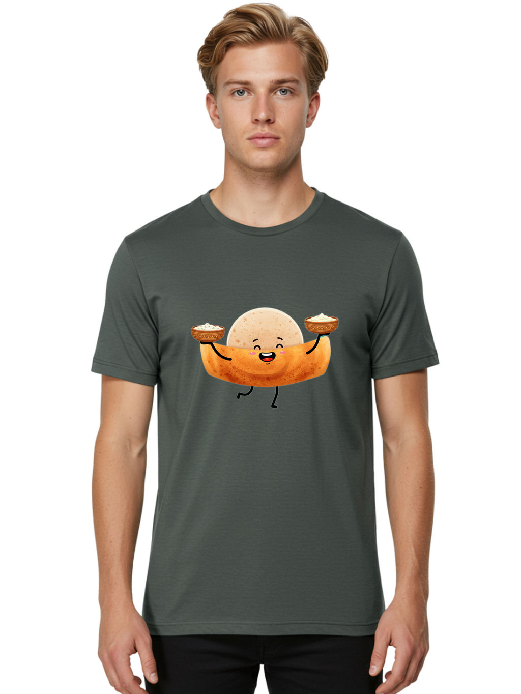 Happy-Dosa-Character Men'S Graphic Tee, 100% Cotton, Comfortable Casual Summer Wear, Machine Washable, Cartoon Taco Character, Mexican Food, Traditional Dishes, Salsa And Dips, Happy Face, Playful, Fiesta, Festive, Vibrant, Delicious Baa782