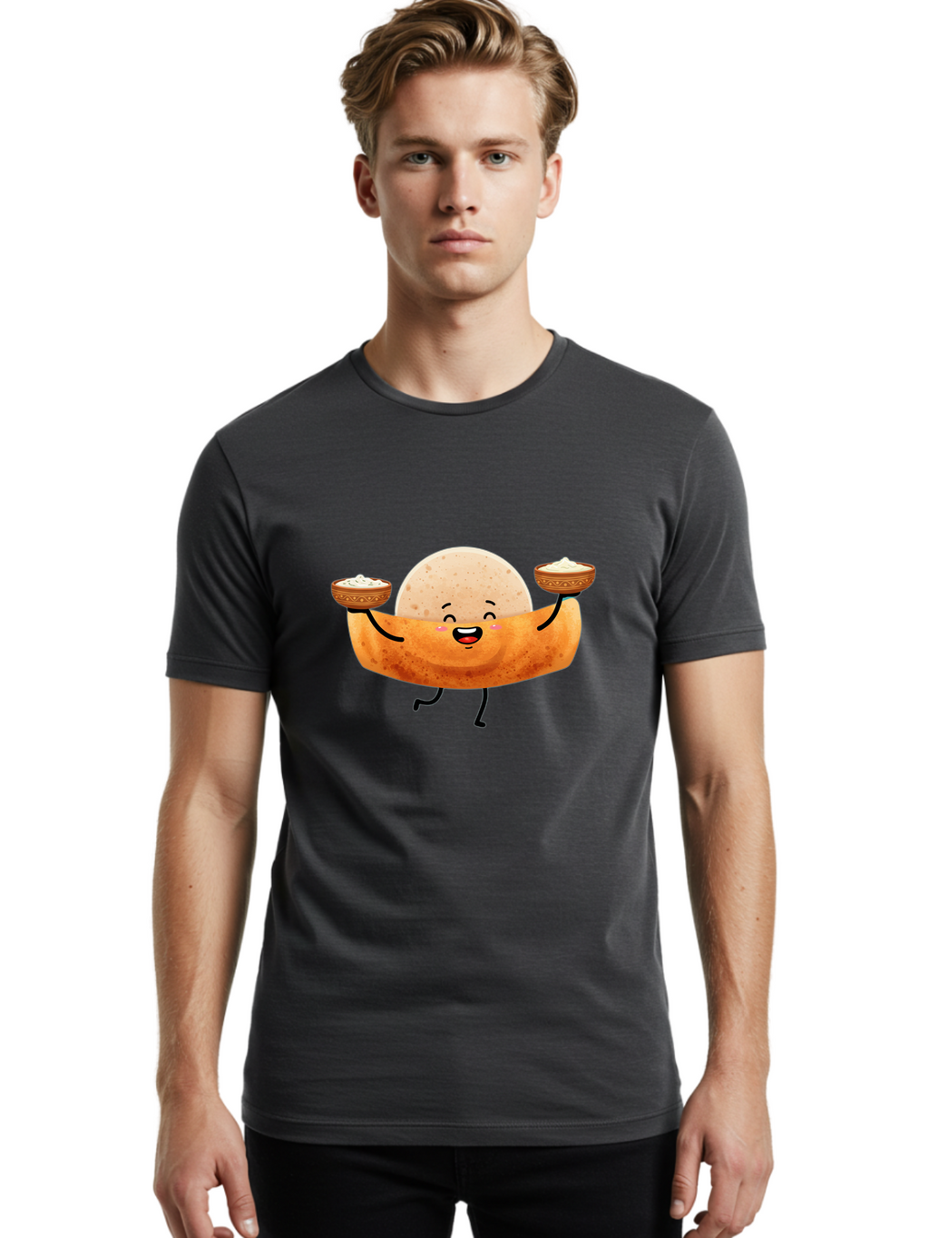 Happy-Dosa-Character Men'S Graphic Tee, 100% Cotton, Comfortable Casual Summer Wear, Machine Washable, Cartoon Taco Character, Mexican Food, Traditional Dishes, Salsa And Dips, Happy Face, Playful, Fiesta, Festive, Vibrant, Delicious Baa782