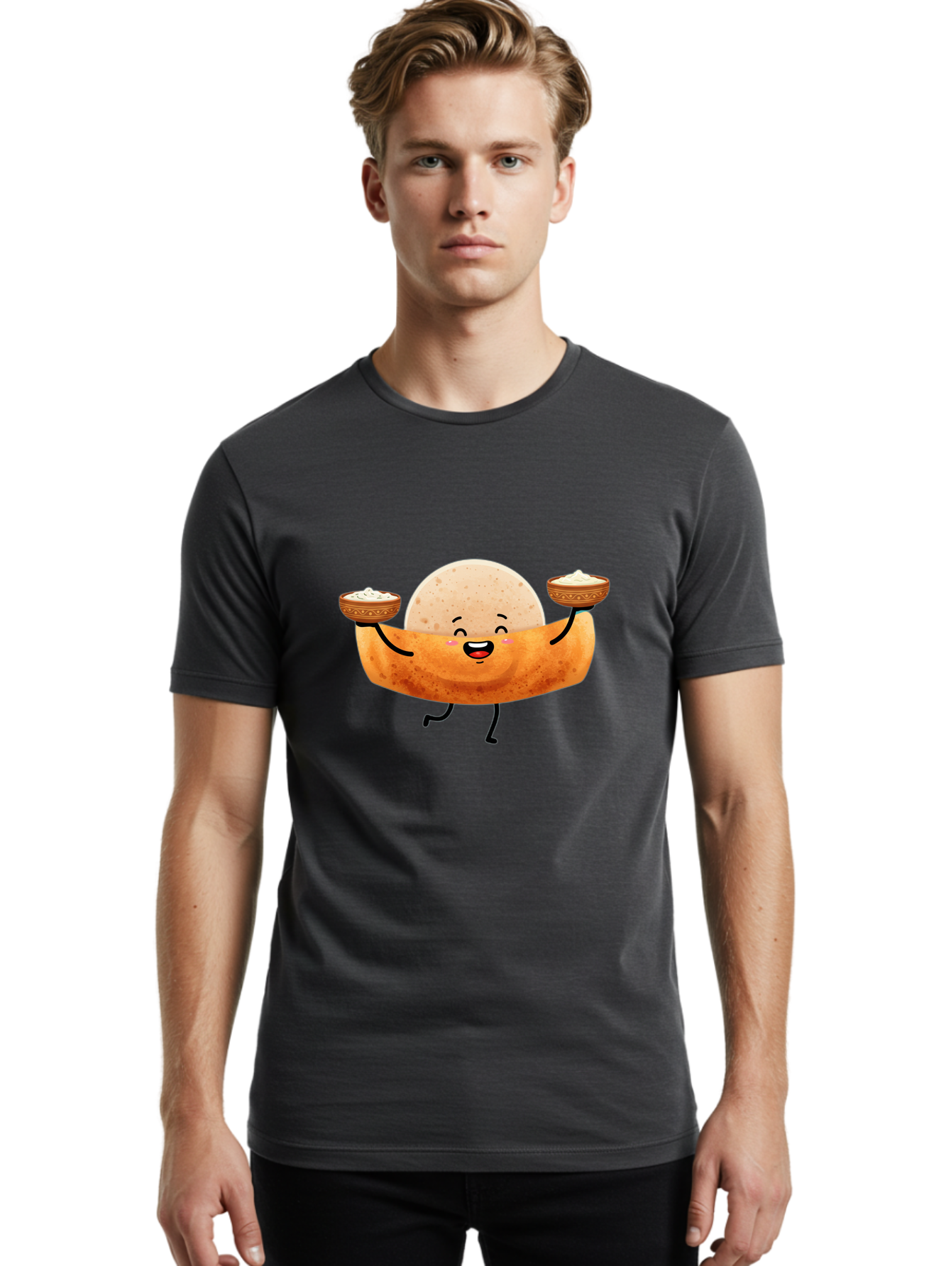 Happy-Dosa-Character Men'S Graphic Tee, 100% Cotton, Comfortable Casual Summer Wear, Machine Washable, Cartoon Taco Character, Mexican Food, Traditional Dishes, Salsa And Dips, Happy Face, Playful, Fiesta, Festive, Vibrant, Delicious Baa782