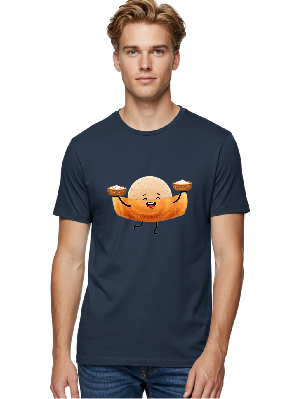 Happy-Dosa-Character Men'S Graphic Tee, 100% Cotton, Comfortable Casual Summer Wear, Machine Washable, Cartoon Taco Character, Mexican Food, Traditional Dishes, Salsa And Dips, Happy Face, Playful, Fiesta, Festive, Vibrant, Delicious Baa782