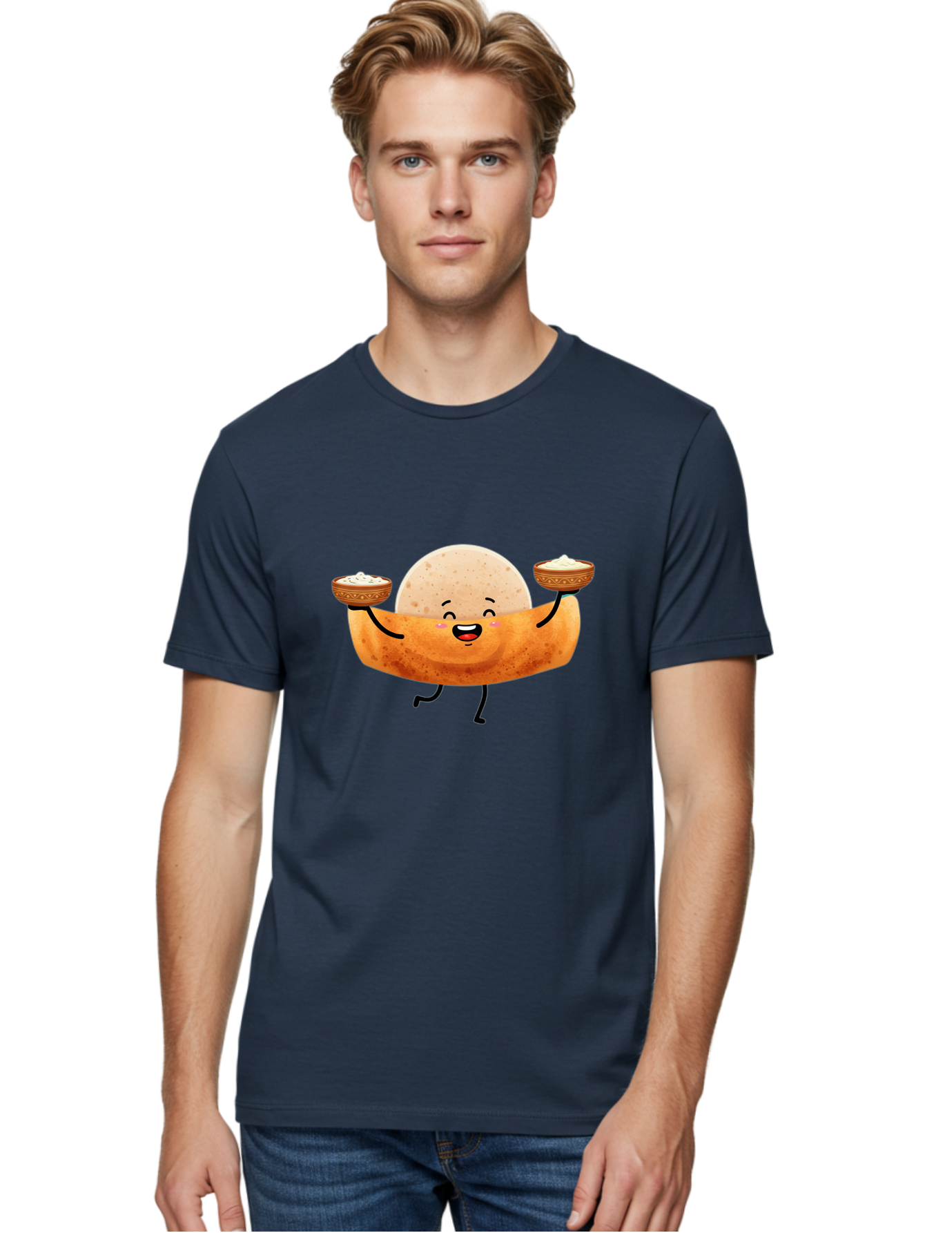 Happy-Dosa-Character Men'S Graphic Tee, 100% Cotton, Comfortable Casual Summer Wear, Machine Washable, Cartoon Taco Character, Mexican Food, Traditional Dishes, Salsa And Dips, Happy Face, Playful, Fiesta, Festive, Vibrant, Delicious Baa782
