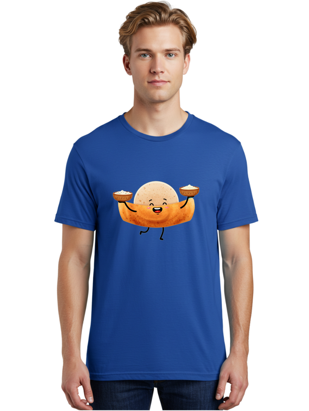 Happy-Dosa-Character Men'S Graphic Tee, 100% Cotton, Comfortable Casual Summer Wear, Machine Washable, Cartoon Taco Character, Mexican Food, Traditional Dishes, Salsa And Dips, Happy Face, Playful, Fiesta, Festive, Vibrant, Delicious Baa782