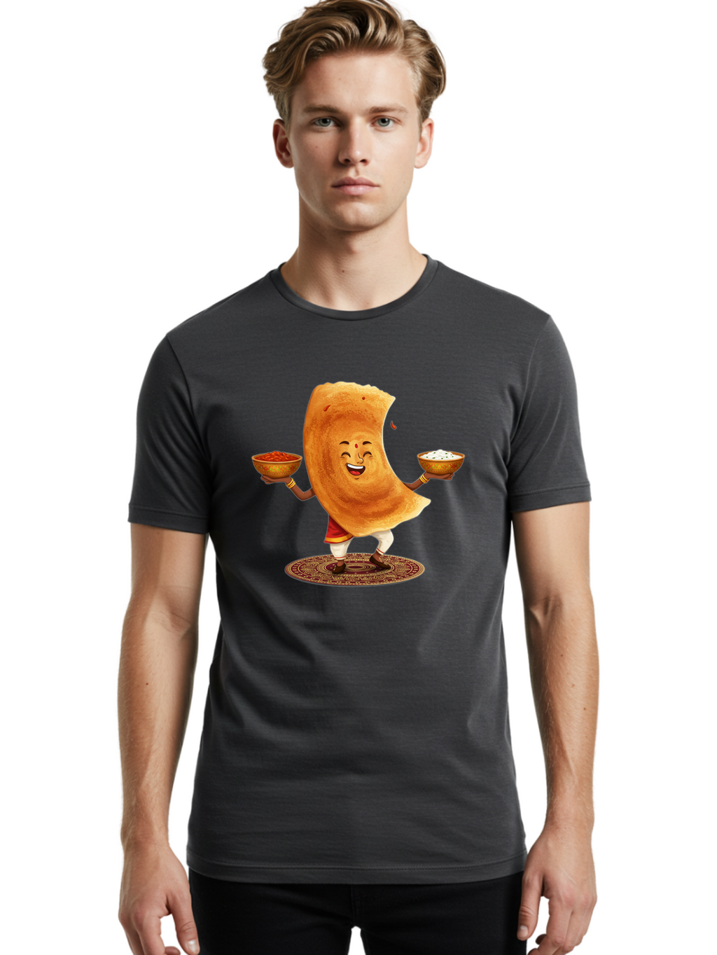 Happy-Dosa-With-Chutney Men'S Graphic Tee, 100% Cotton, Comfortable Casual Summer Wear, Machine Washable, Cartoon Roti Character, Indian Flatbread, Traditional Attire, Curry, Rice Bowls, Happy Expression, Cultural Representation, Baa783