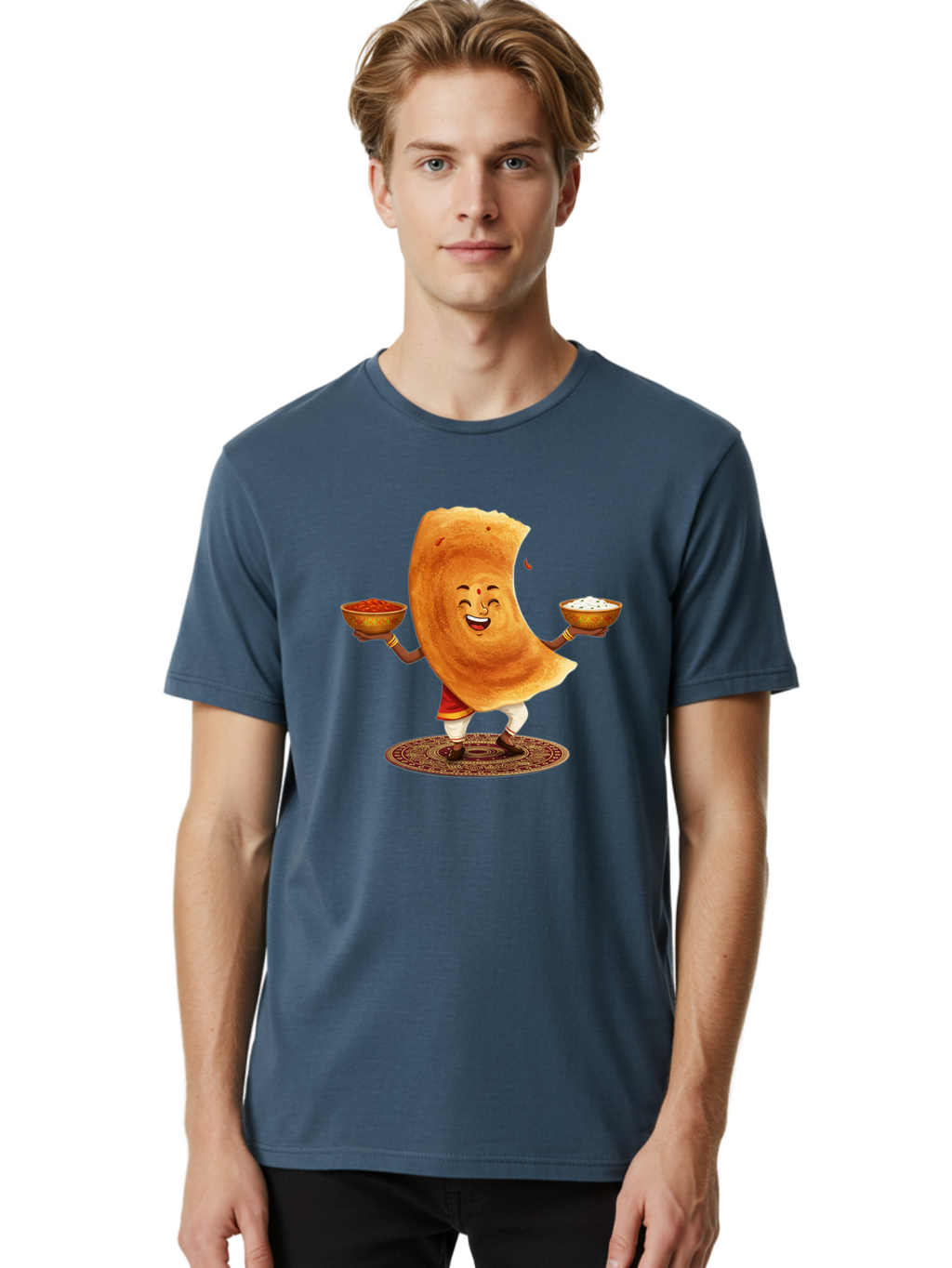 Happy-Dosa-With-Chutney Men'S Graphic Tee, 100% Cotton, Comfortable Casual Summer Wear, Machine Washable, Cartoon Roti Character, Indian Flatbread, Traditional Attire, Curry, Rice Bowls, Happy Expression, Cultural Representation, Baa783