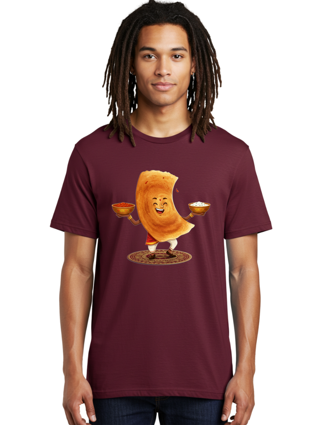 Happy-Dosa-With-Chutney Men'S Graphic Tee, 100% Cotton, Comfortable Casual Summer Wear, Machine Washable, Cartoon Roti Character, Indian Flatbread, Traditional Attire, Curry, Rice Bowls, Happy Expression, Cultural Representation, Baa783