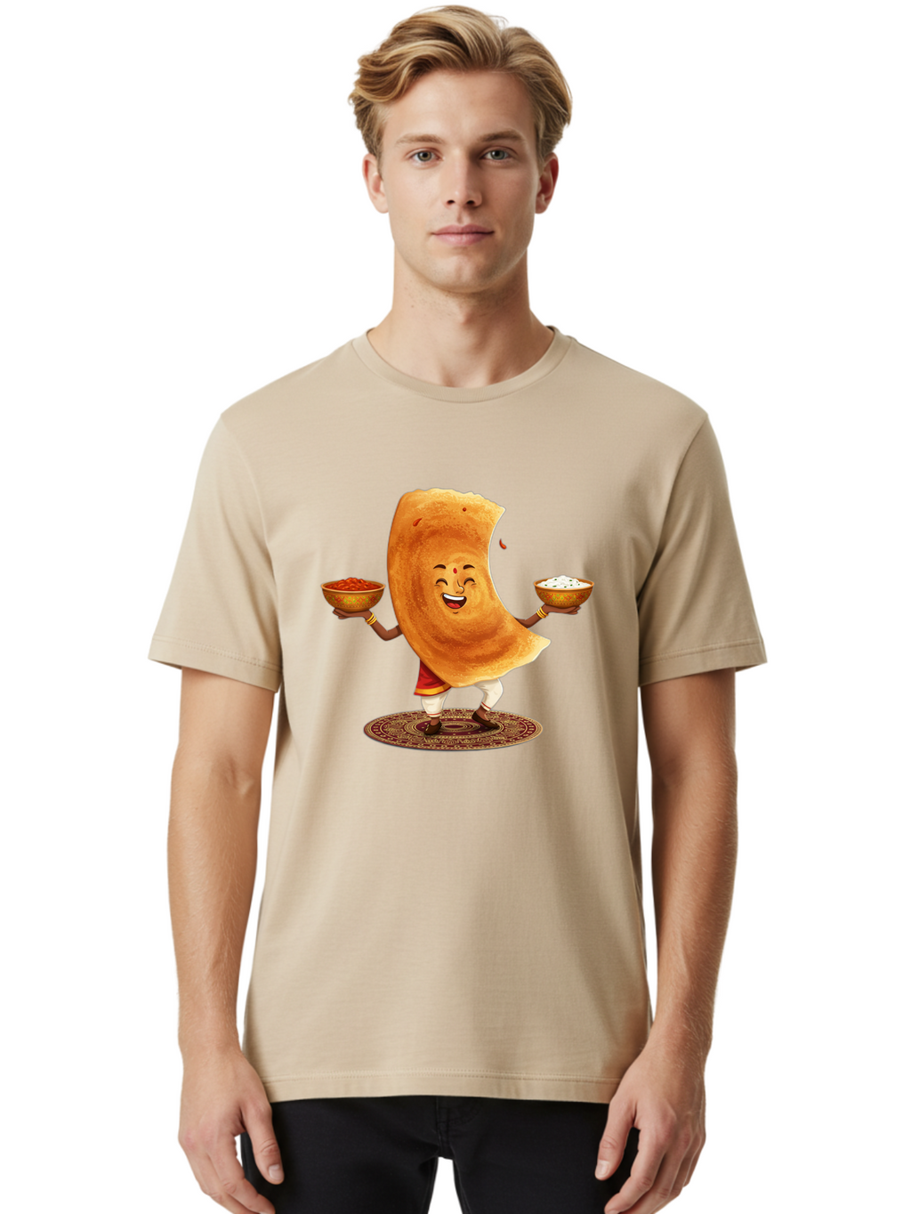 Happy-Dosa-With-Chutney Men'S Graphic Tee, 100% Cotton, Comfortable Casual Summer Wear, Machine Washable, Cartoon Roti Character, Indian Flatbread, Traditional Attire, Curry, Rice Bowls, Happy Expression, Cultural Representation, Baa783
