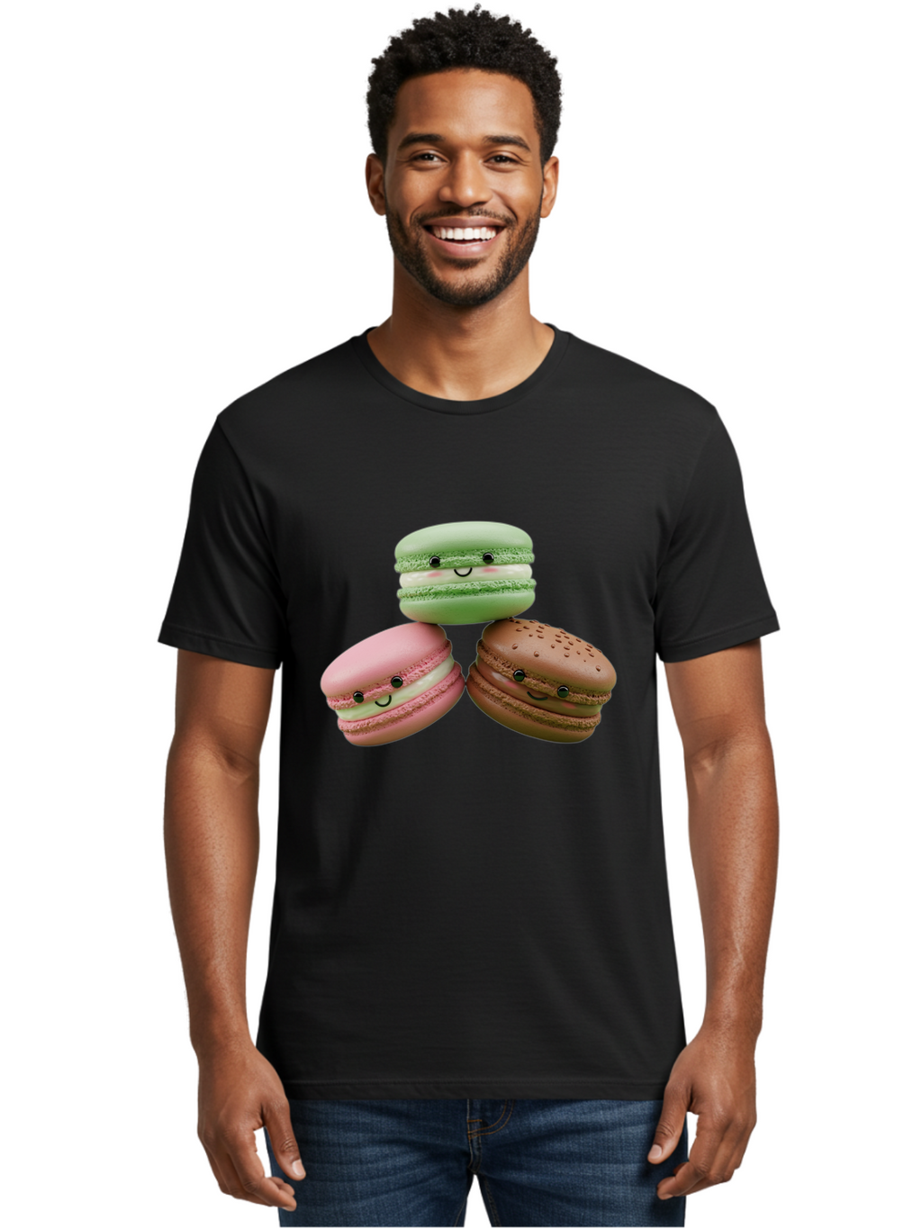 Happy-Macarons Men'S Graphic Tee, 100% Cotton, Comfortable Casual Summer Wear, Machine Washable, Cartoon Macarons, Smiling Faces, Pastel Colors, Cute Desserts, Sweet Treats, Dessert Art, French Macarons, Chocolate Macaron, Pink Macaron, Baa784