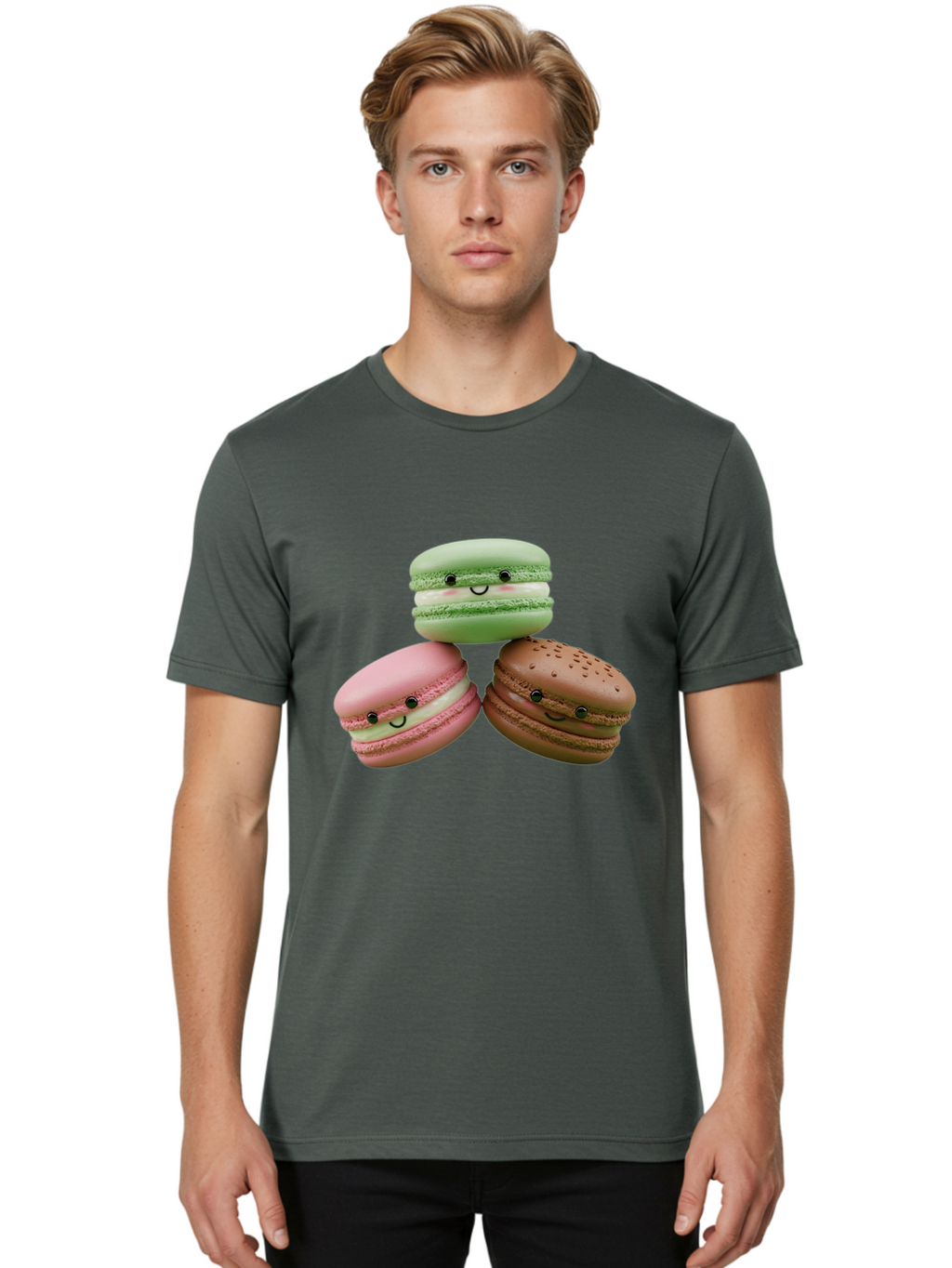 Happy-Macarons Men'S Graphic Tee, 100% Cotton, Comfortable Casual Summer Wear, Machine Washable, Cartoon Macarons, Smiling Faces, Pastel Colors, Cute Desserts, Sweet Treats, Dessert Art, French Macarons, Chocolate Macaron, Pink Macaron, Baa784