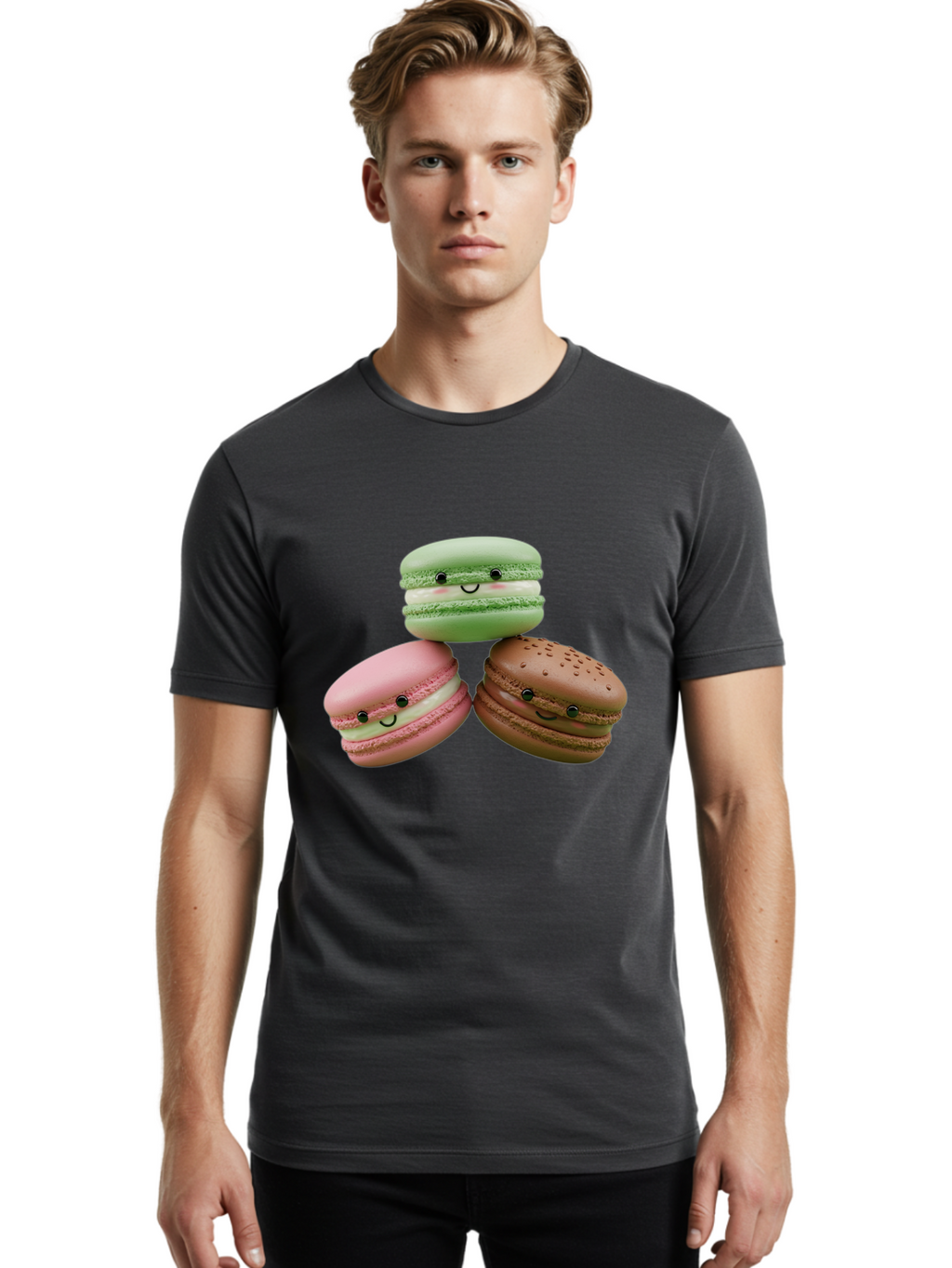 Happy-Macarons Men'S Graphic Tee, 100% Cotton, Comfortable Casual Summer Wear, Machine Washable, Cartoon Macarons, Smiling Faces, Pastel Colors, Cute Desserts, Sweet Treats, Dessert Art, French Macarons, Chocolate Macaron, Pink Macaron, Baa784