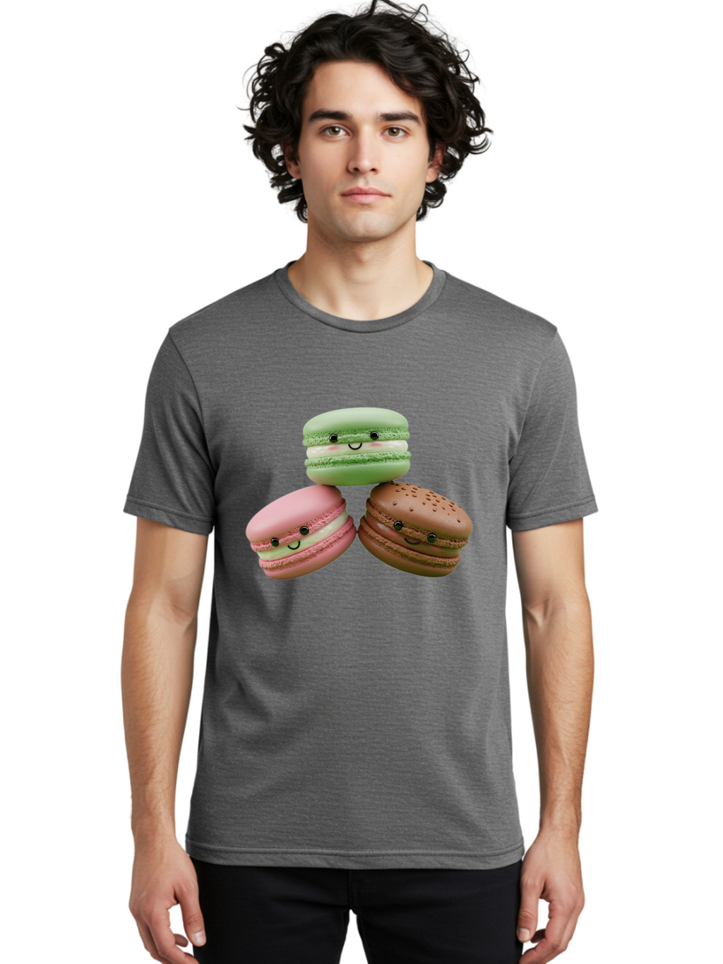 Happy-Macarons Men'S Graphic Tee, 100% Cotton, Comfortable Casual Summer Wear, Machine Washable, Cartoon Macarons, Smiling Faces, Pastel Colors, Cute Desserts, Sweet Treats, Dessert Art, French Macarons, Chocolate Macaron, Pink Macaron, Baa784