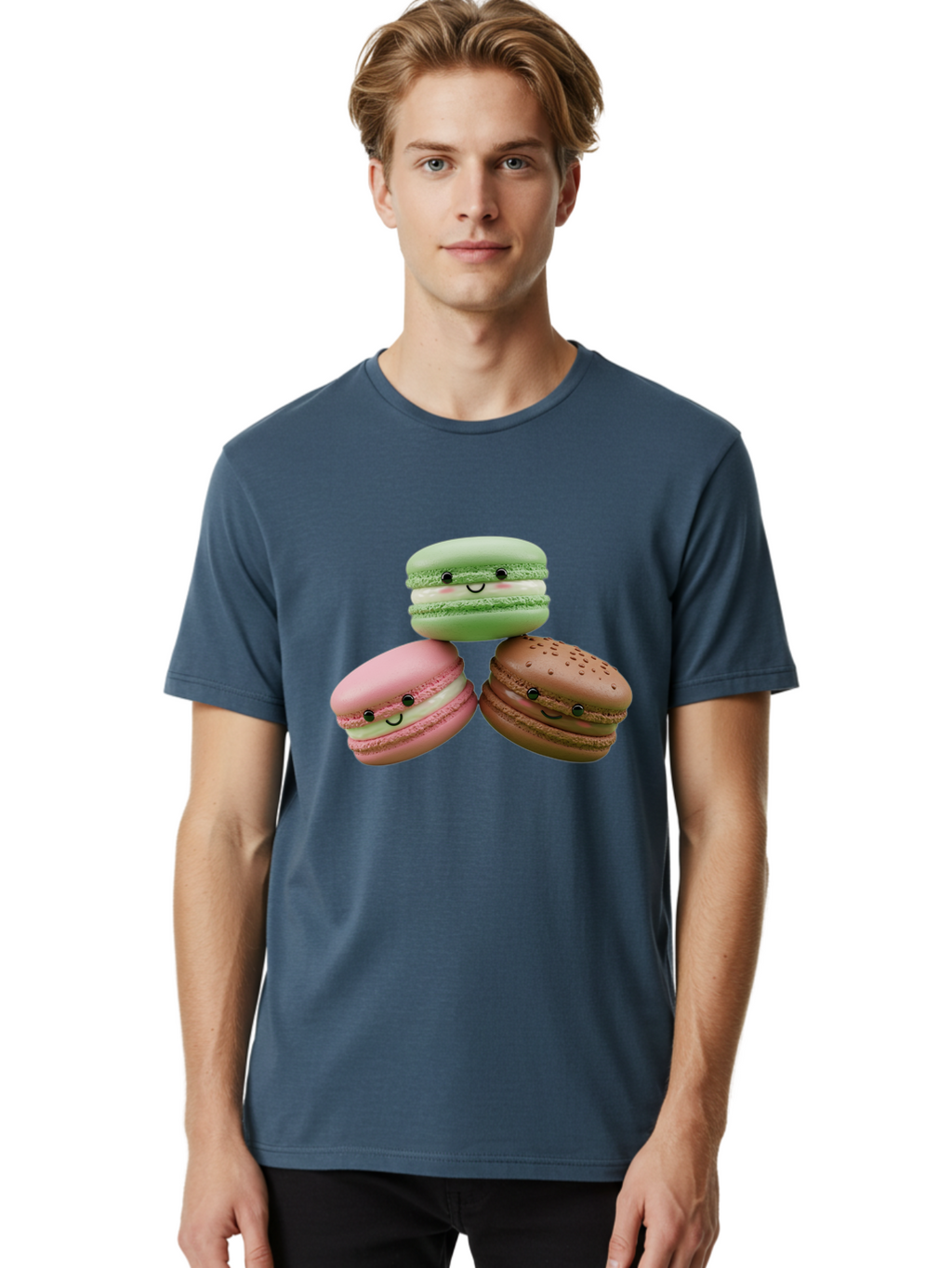 Happy-Macarons Men'S Graphic Tee, 100% Cotton, Comfortable Casual Summer Wear, Machine Washable, Cartoon Macarons, Smiling Faces, Pastel Colors, Cute Desserts, Sweet Treats, Dessert Art, French Macarons, Chocolate Macaron, Pink Macaron, Baa784