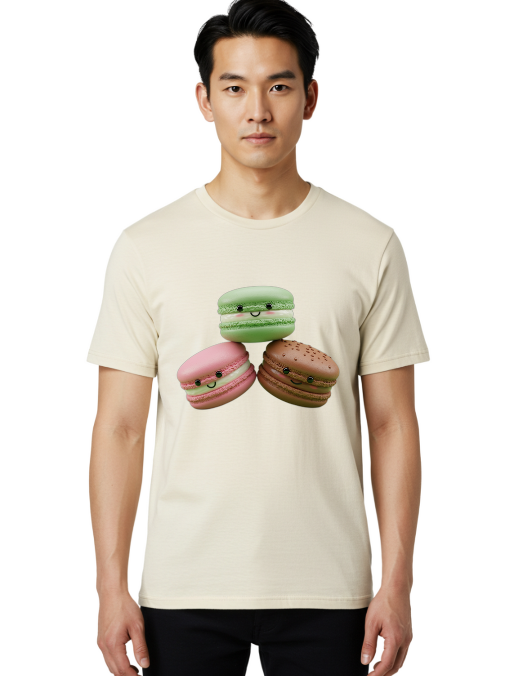 Happy-Macarons Men'S Graphic Tee, 100% Cotton, Comfortable Casual Summer Wear, Machine Washable, Cartoon Macarons, Smiling Faces, Pastel Colors, Cute Desserts, Sweet Treats, Dessert Art, French Macarons, Chocolate Macaron, Pink Macaron, Baa784