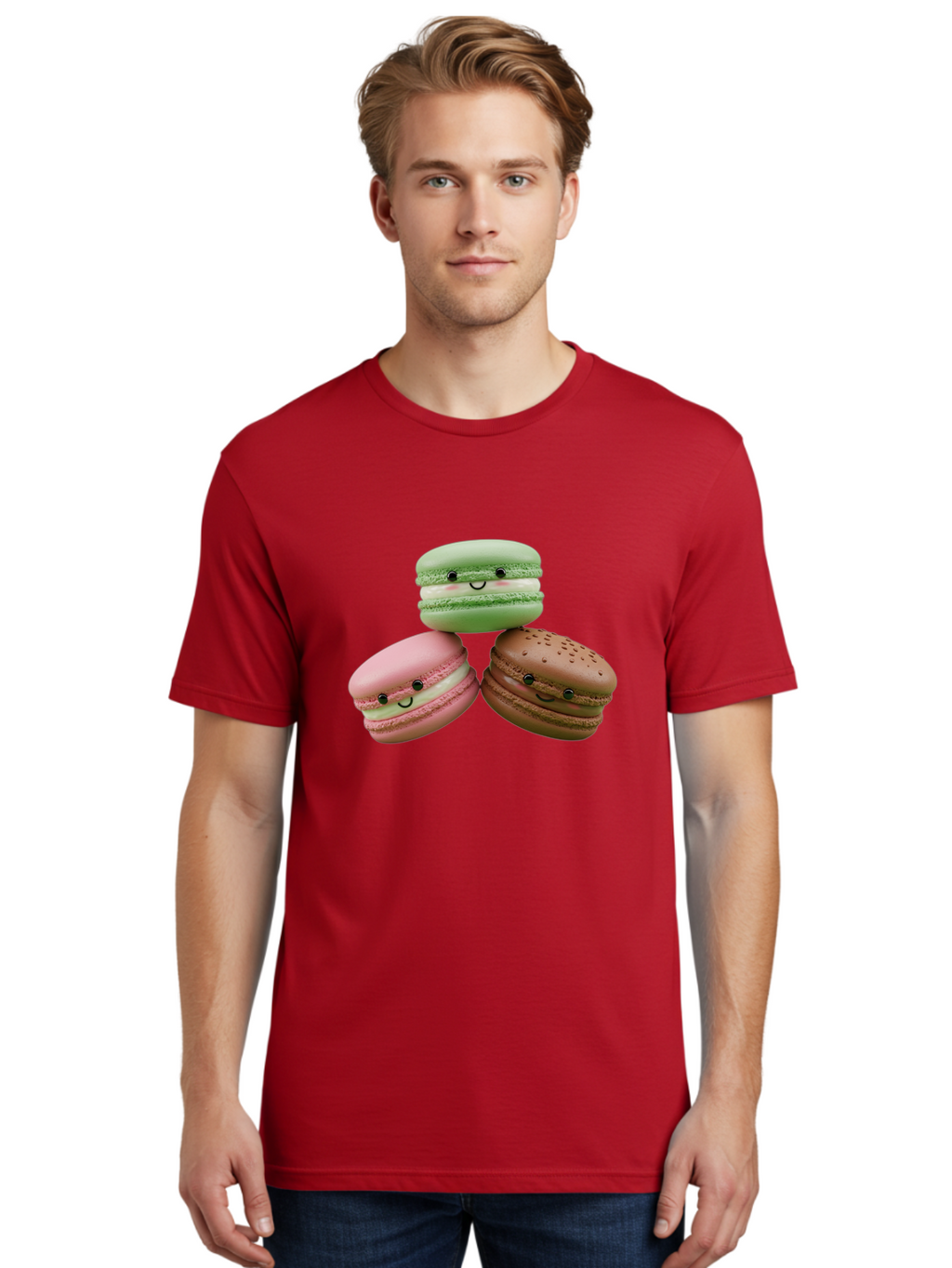 Happy-Macarons Men'S Graphic Tee, 100% Cotton, Comfortable Casual Summer Wear, Machine Washable, Cartoon Macarons, Smiling Faces, Pastel Colors, Cute Desserts, Sweet Treats, Dessert Art, French Macarons, Chocolate Macaron, Pink Macaron, Baa784