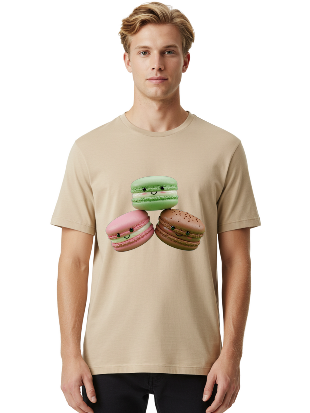 Happy-Macarons Men'S Graphic Tee, 100% Cotton, Comfortable Casual Summer Wear, Machine Washable, Cartoon Macarons, Smiling Faces, Pastel Colors, Cute Desserts, Sweet Treats, Dessert Art, French Macarons, Chocolate Macaron, Pink Macaron, Baa784