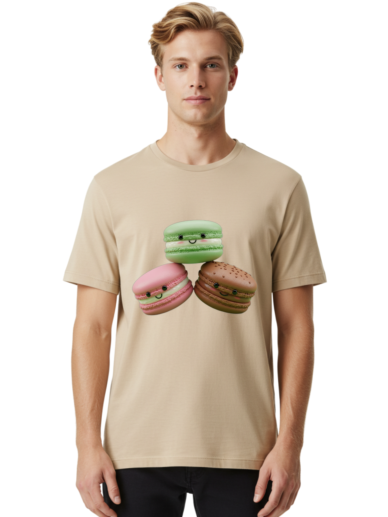 Happy-Macarons Men'S Graphic Tee, 100% Cotton, Comfortable Casual Summer Wear, Machine Washable, Cartoon Macarons, Smiling Faces, Pastel Colors, Cute Desserts, Sweet Treats, Dessert Art, French Macarons, Chocolate Macaron, Pink Macaron, Baa784
