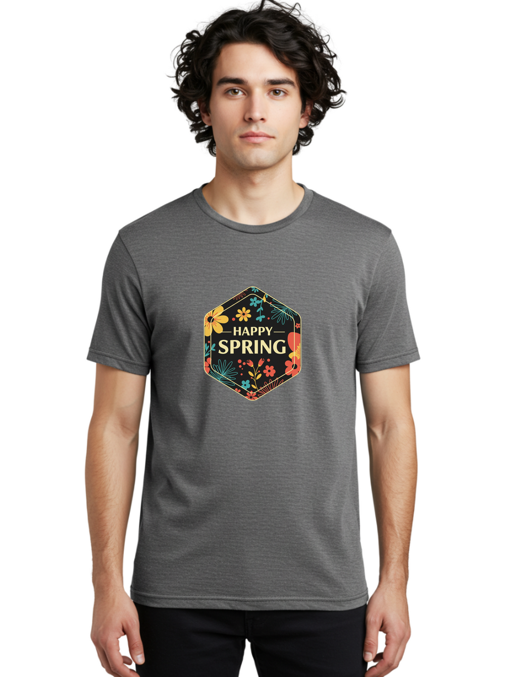 Happy-Spring Men'S Graphic Tee, 100% Cotton, Comfortable Casual Summer Wear, Machine Washable, Happy Spring, Floral Pattern, Colorful Flowers, Botanical Design, Spring Greeting, Yellow Text, Black Background, Vibrant Colors, Seasonal Theme, Baa785