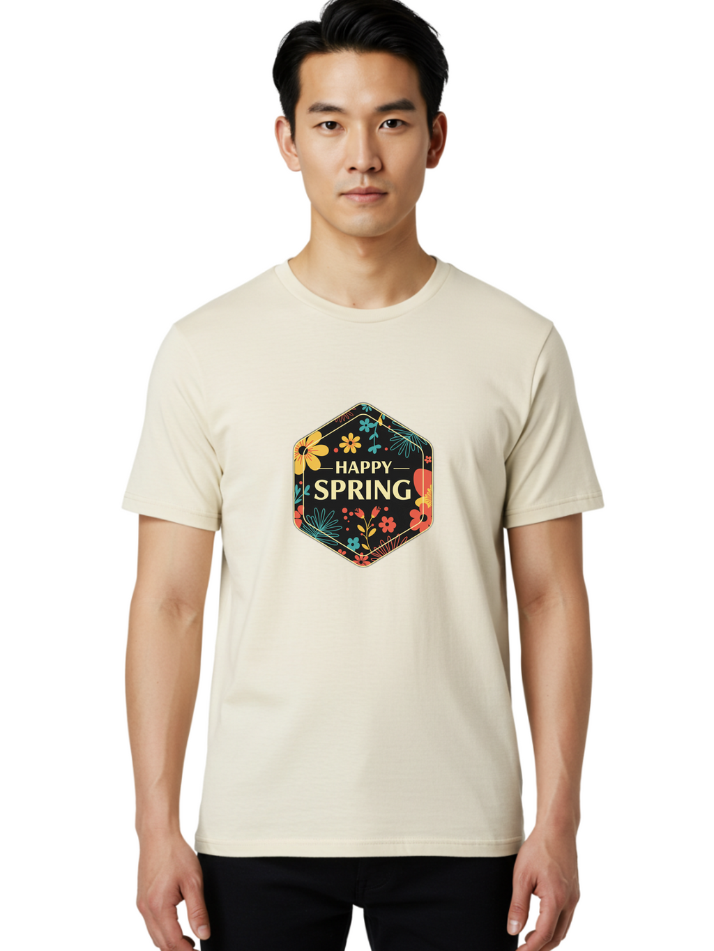 Happy-Spring Men'S Graphic Tee, 100% Cotton, Comfortable Casual Summer Wear, Machine Washable, Happy Spring, Floral Pattern, Colorful Flowers, Botanical Design, Spring Greeting, Yellow Text, Black Background, Vibrant Colors, Seasonal Theme, Baa785